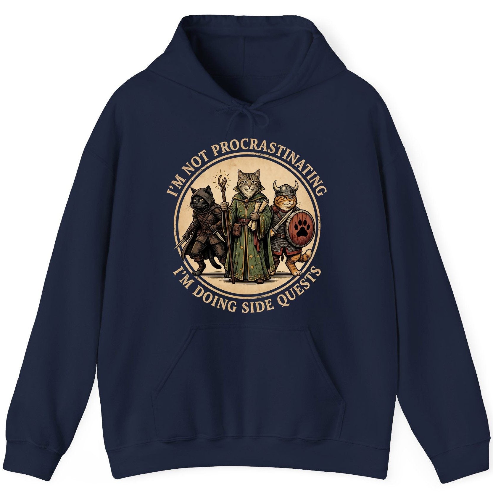 I'm Not Procrastinating I'm Doing Side Quests rpg cats Hoodie Navy product mockup