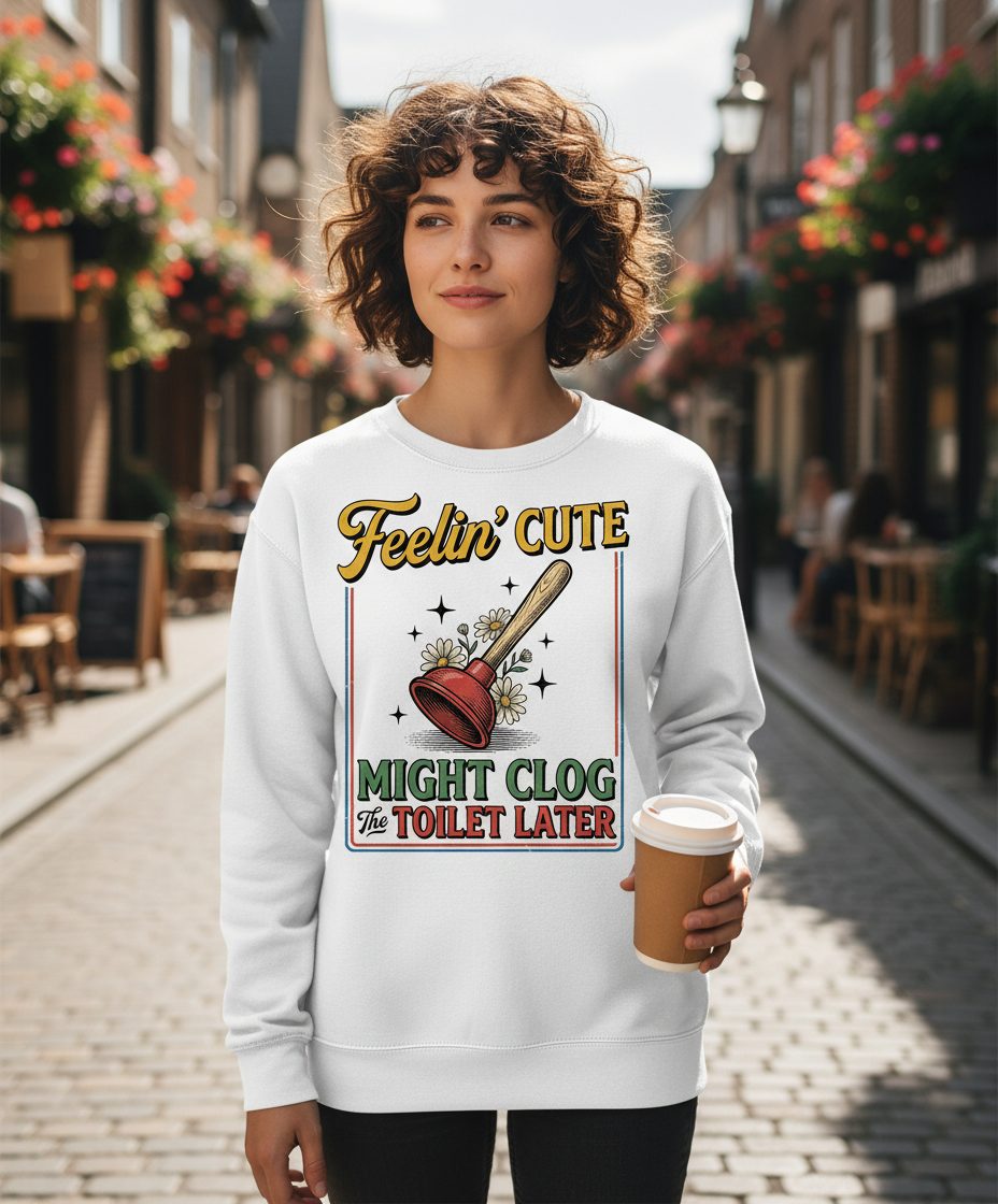 Feelin' Cute MIGHT CLOG the TOILET LATER Funny Plunger Sweatshirt - lifestyle model mockup - White