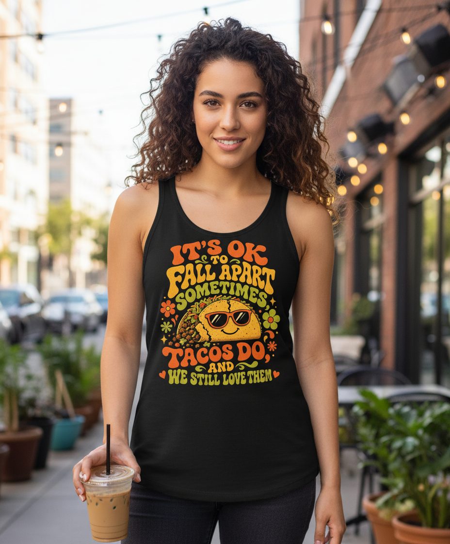 TACOS DO AND WE STILL LOVE THEM Tank Top - lifestyle model mockup - Black