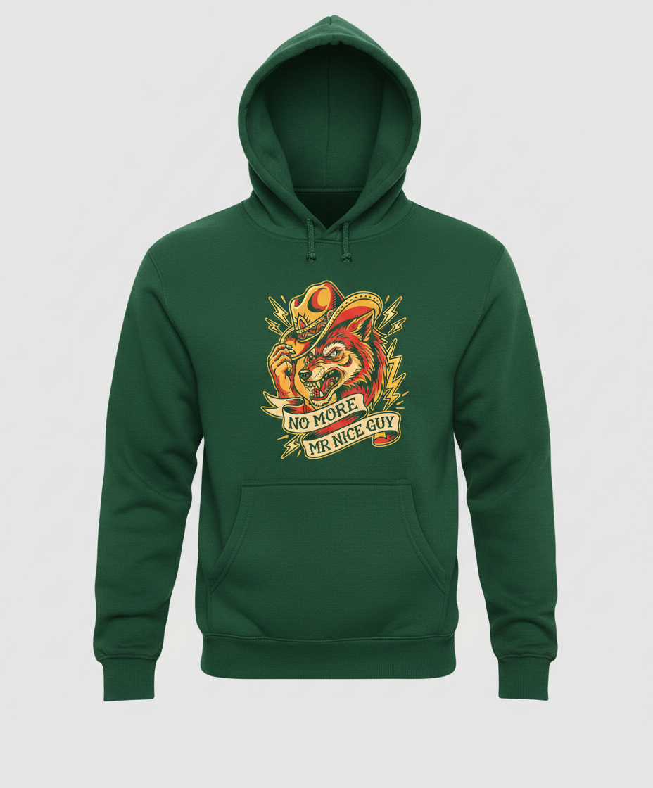 No More Mr Nice Guy Wolf Cowboy Tattoo Art Hoodie - Forest Green