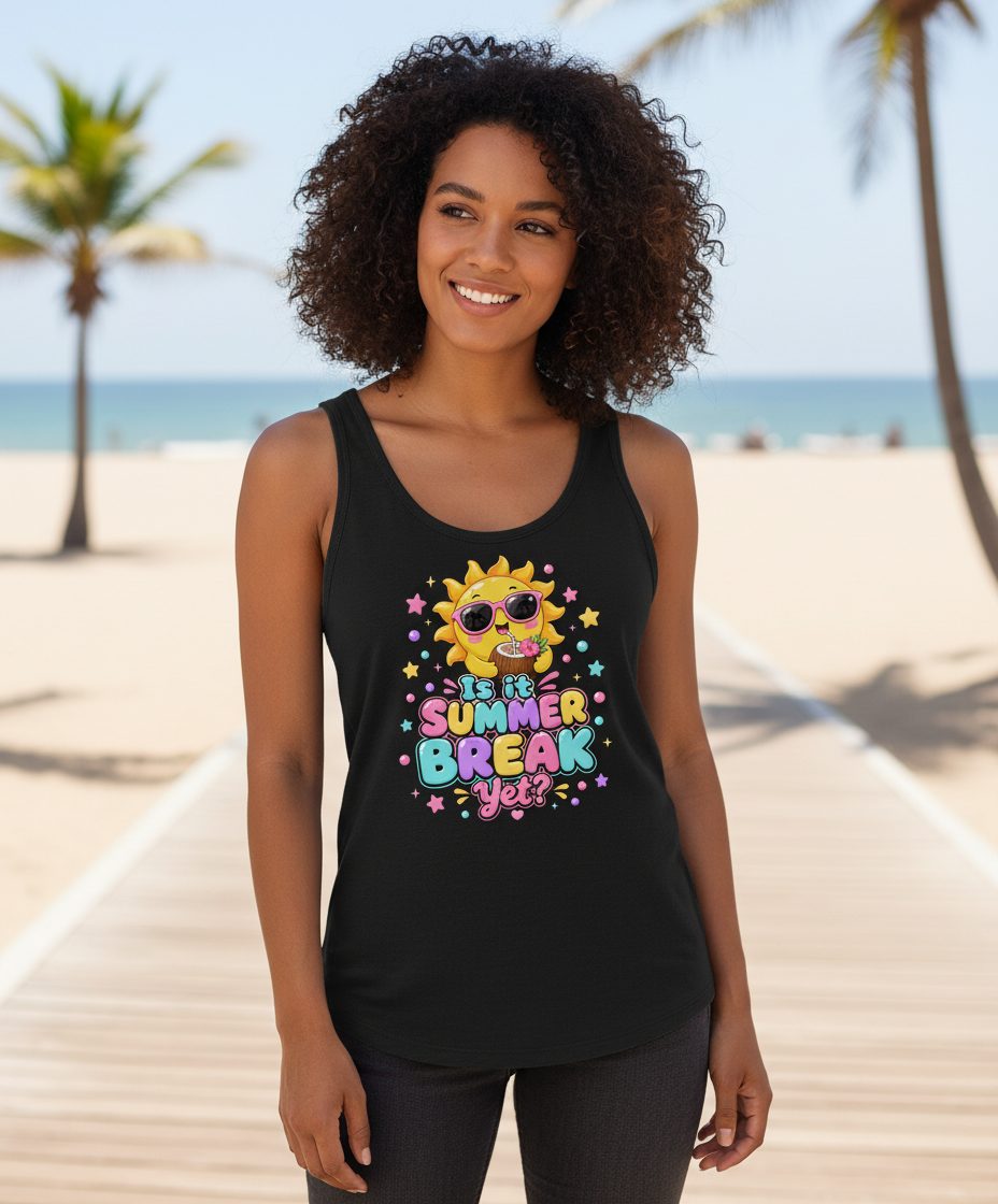 Is It SUMMER BREAK Yet Funny Vacation Tank Top - lifestyle model mockup - Black