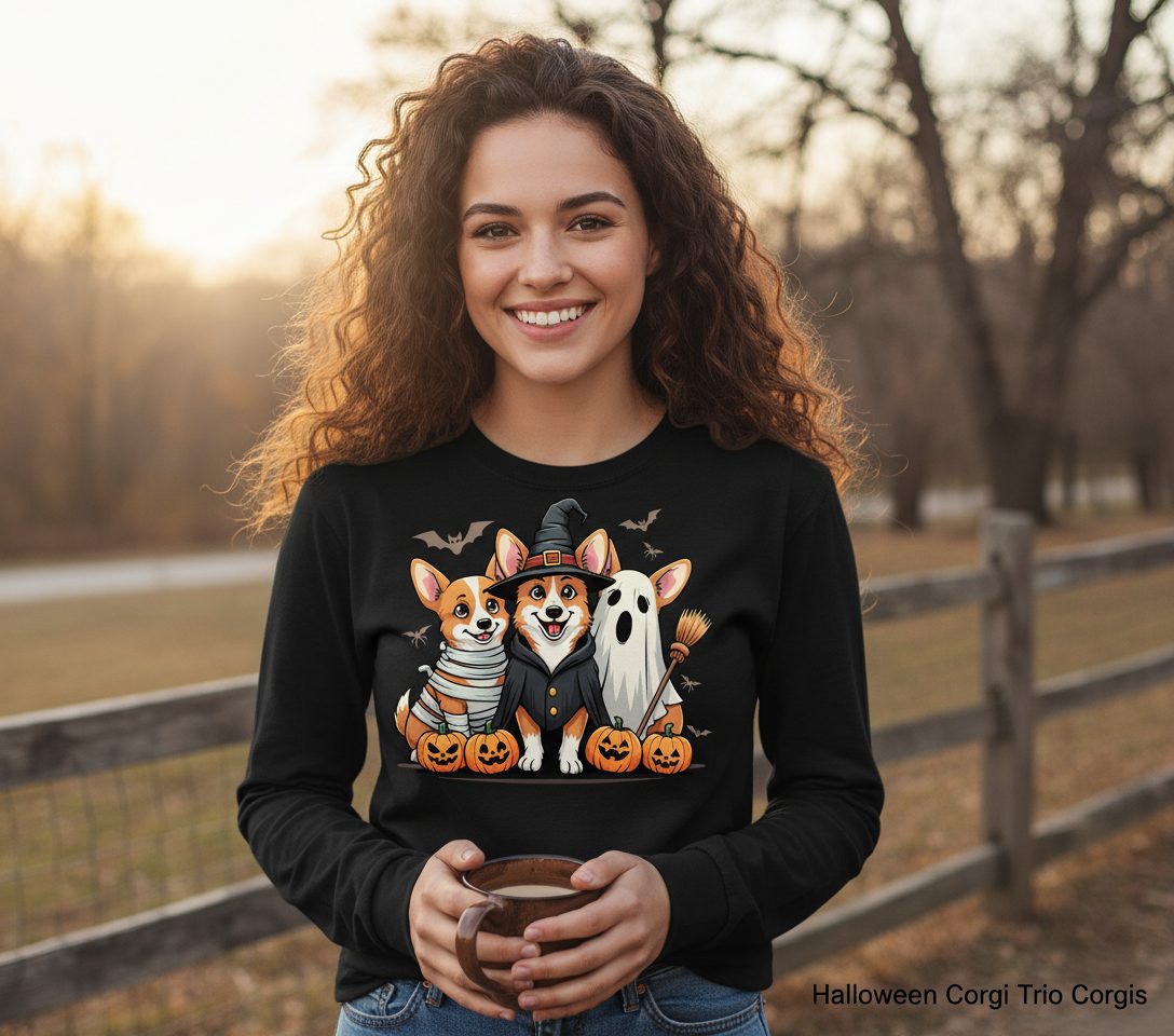 Halloween Corgi Trio Halloween corgis Long Sleeve Tee Black lifestyle mockup