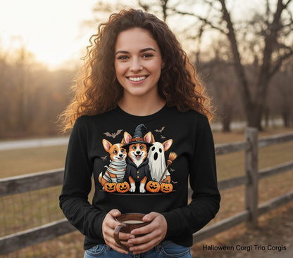 Halloween Corgi Trio Halloween corgis Long Sleeve Tee Black lifestyle mockup