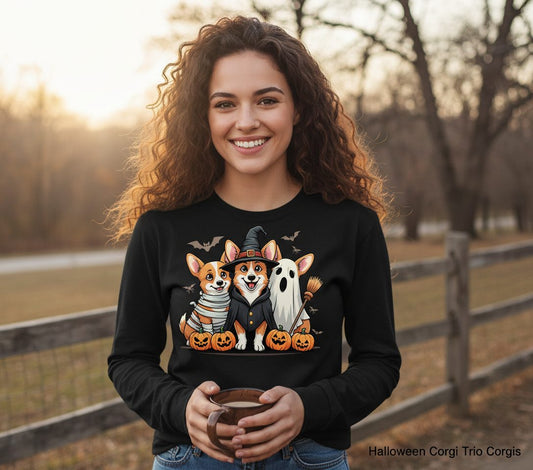Halloween Corgi Trio Halloween corgis Long Sleeve Tee Black lifestyle mockup