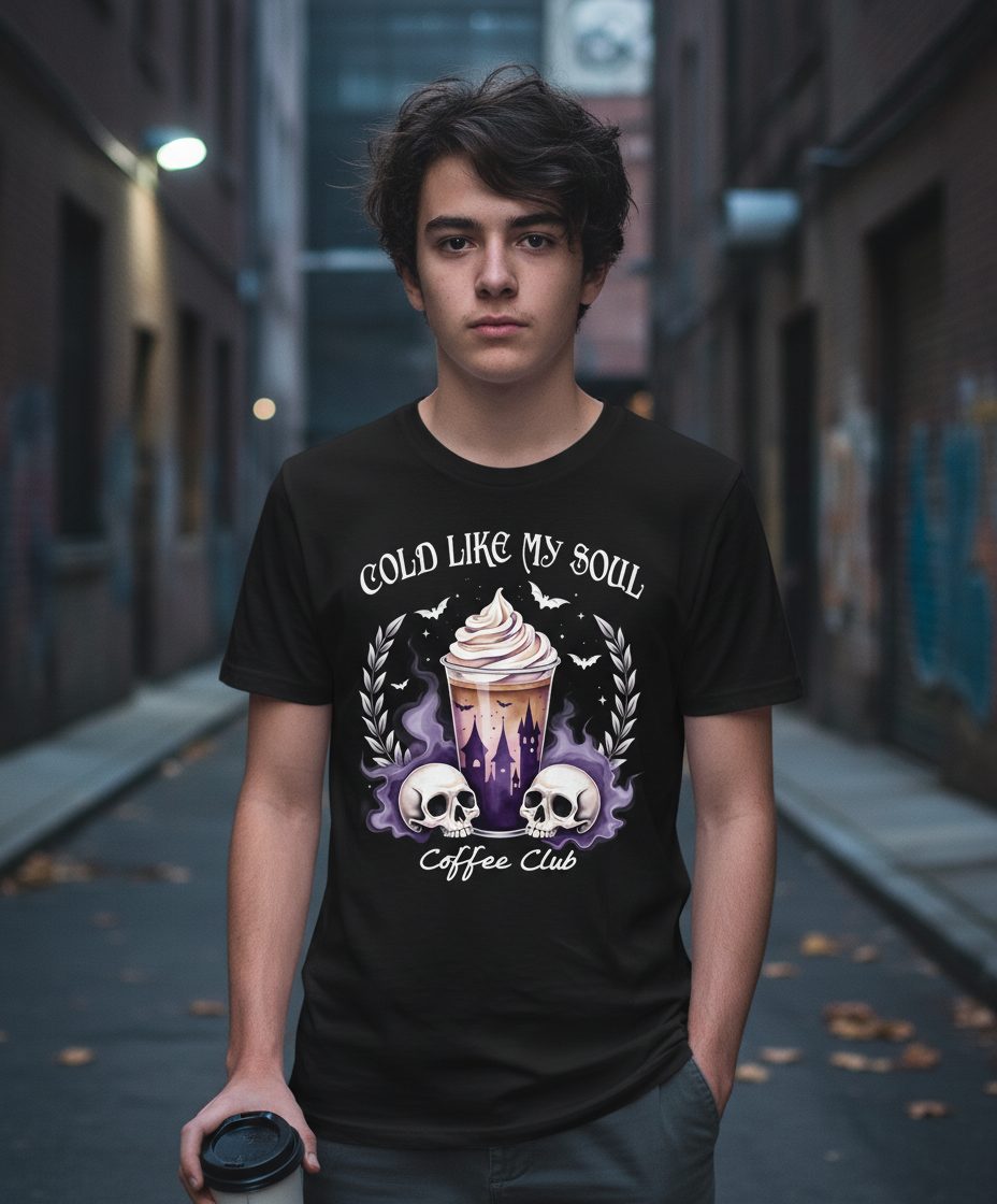 Cold Like My Soul Coffee Club gothic iced coffee Youth T-Shirt Black lifestyle mockup