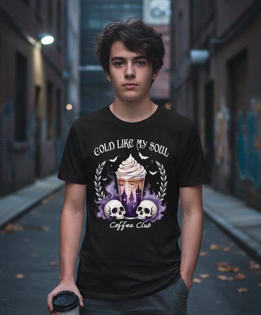 Cold Like My Soul Coffee Club gothic iced coffee Youth T-Shirt Black lifestyle mockup