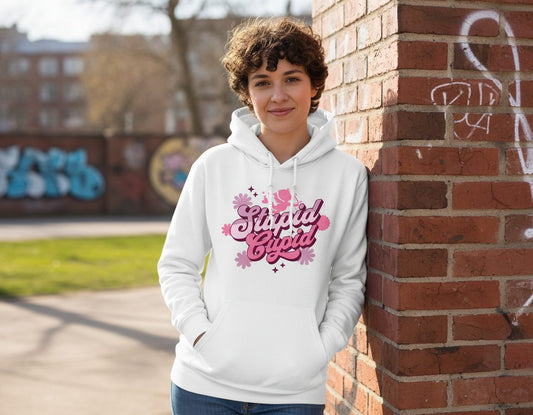 Stupid Cupid anti-Valentine's Day Hoodie White lifestyle mockup