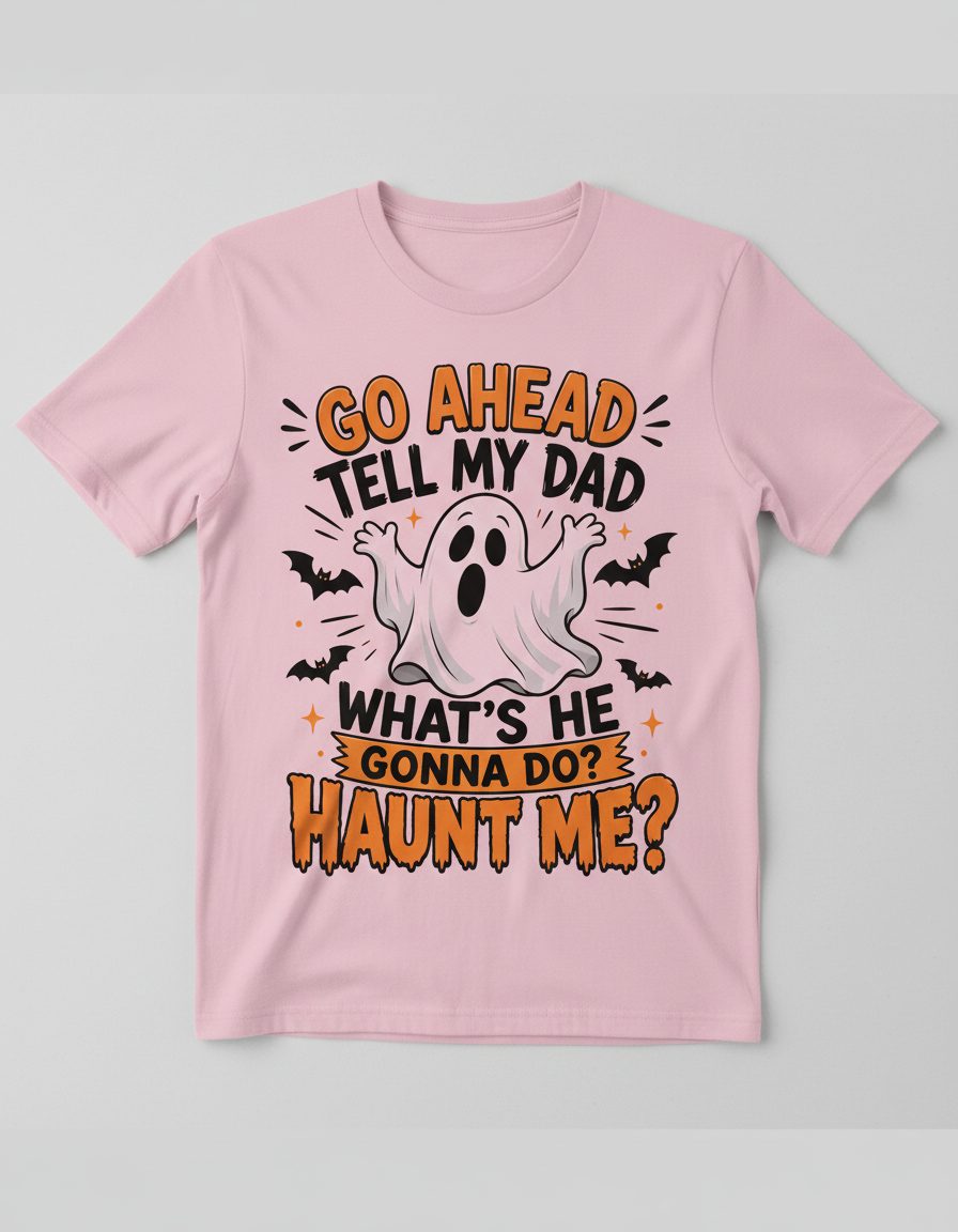 Go Ahead Tell My Dad What's He Gonna Do Haunt Me T-Shirt - product mockup - Light Pink