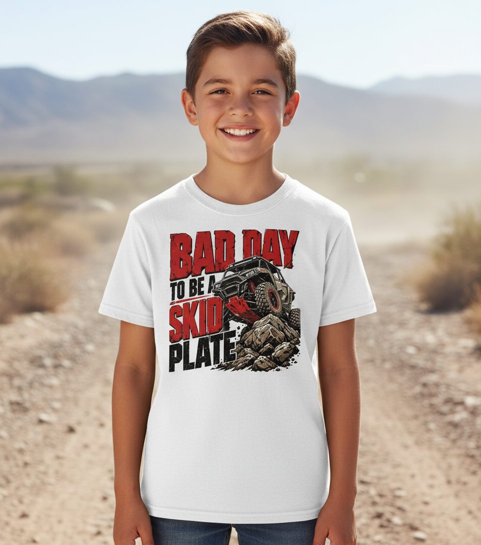 Bad Day to Be a Skid Plate Off-Roading Youth T-Shirt - lifestyle model mockup - White