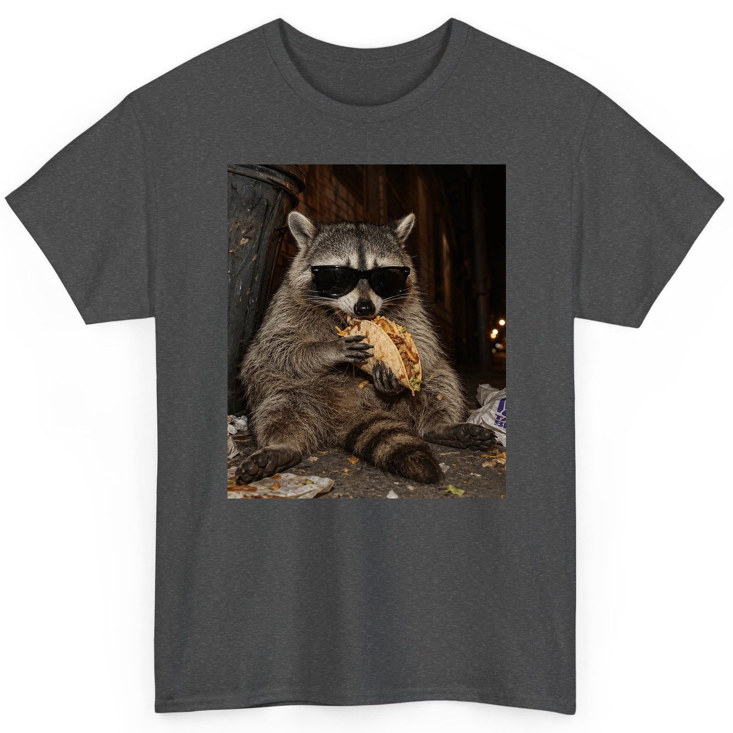 Raccoon Eating Taco Funny Animal Lovers T-Shirt - product mockup - Dark Heather