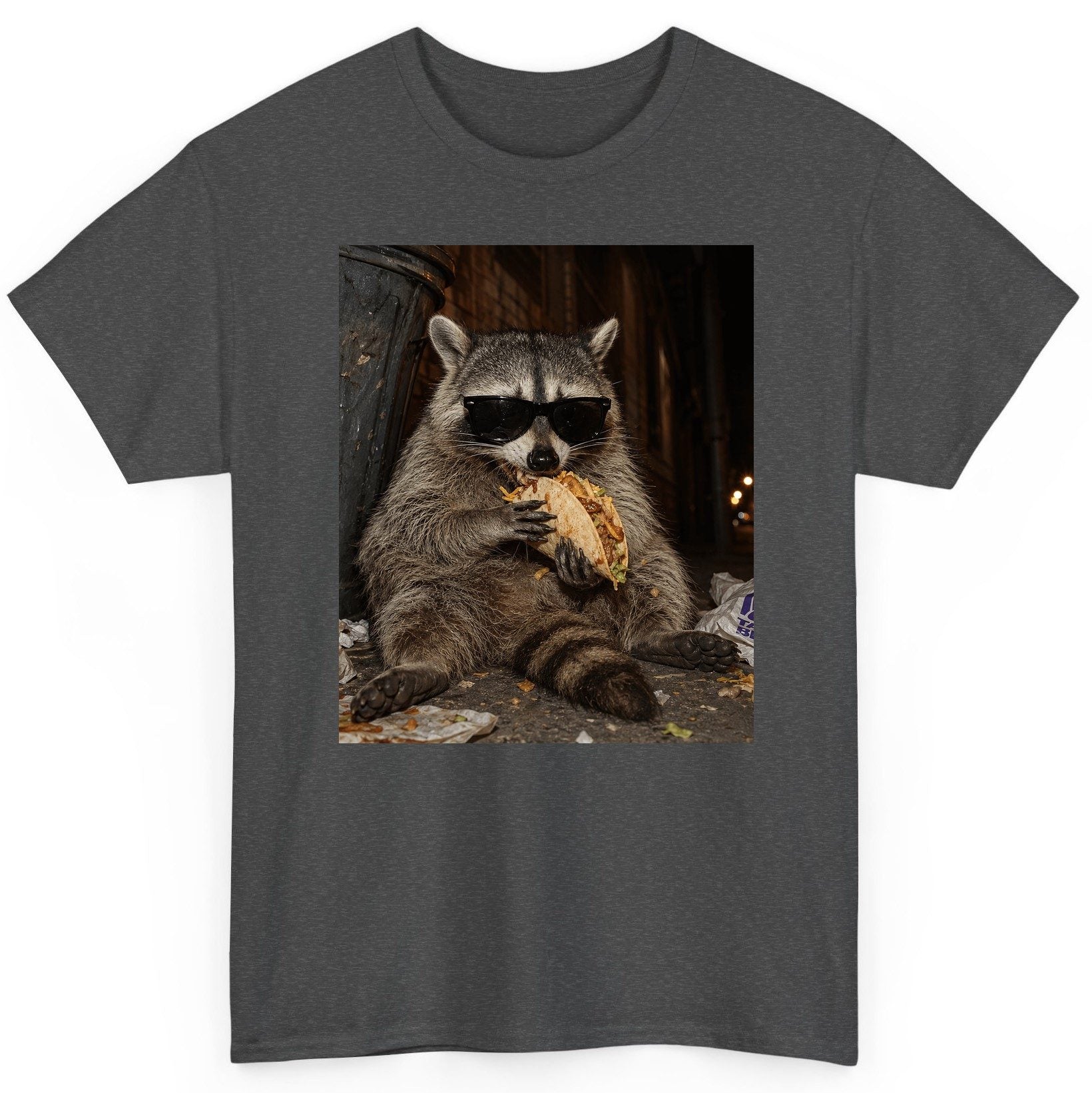 Raccoon Eating Taco Funny Animal Lovers T-Shirt - product mockup - Dark Heather