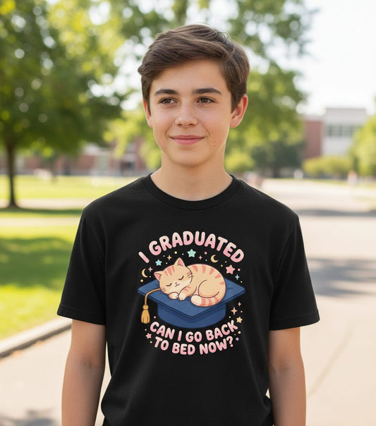 I Graduated CAN I GO BACK TO BED NOW Youth T-Shirt - lifestyle model mockup - Black