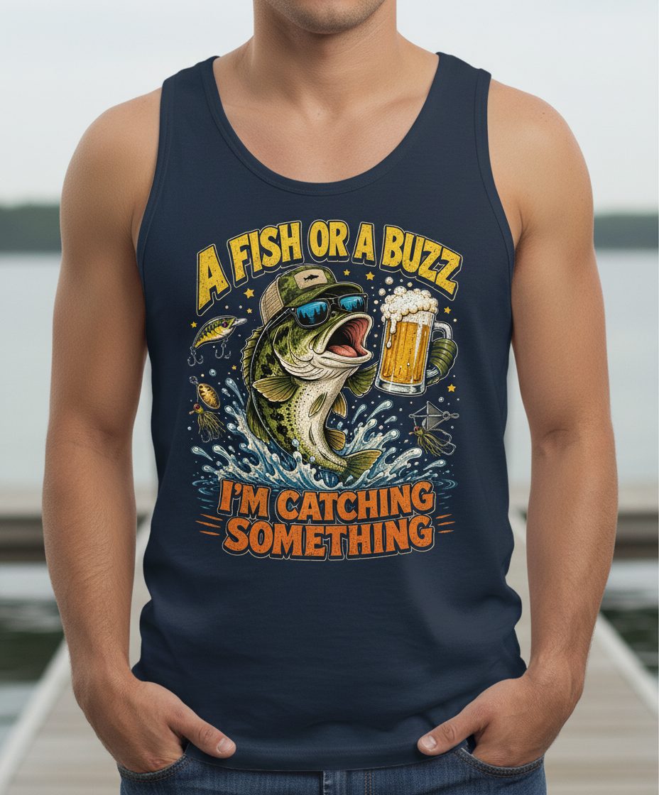 A Fish or a Buzz I'm Catching Something Funny Fishing Tank Top - product mockup - Navy