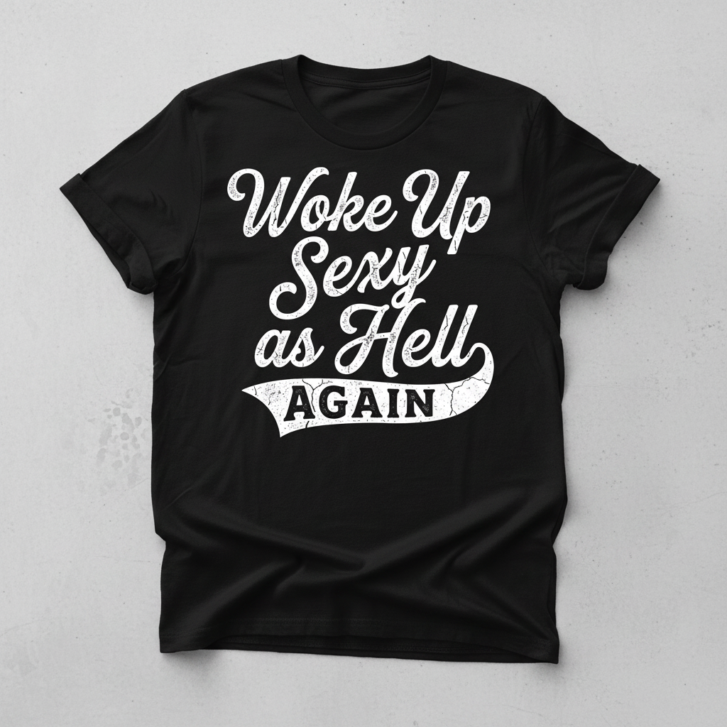 Woke Up Sexy As Hell Again Funny Sarcastic Quote T-Shirt - Black