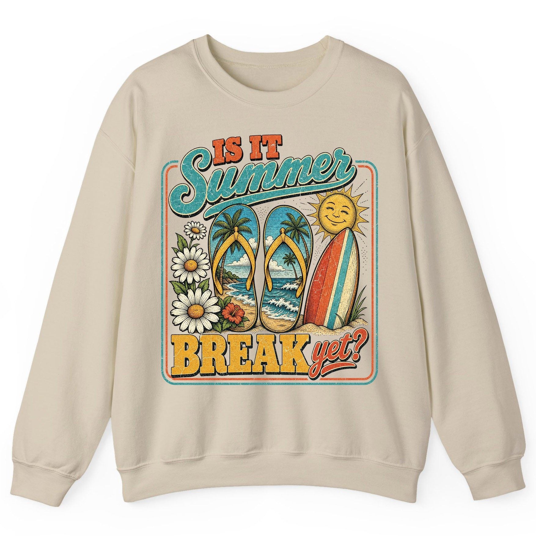 Is It Summer Break Yet Retro Vacation Sweatshirt - product mockup - Sand