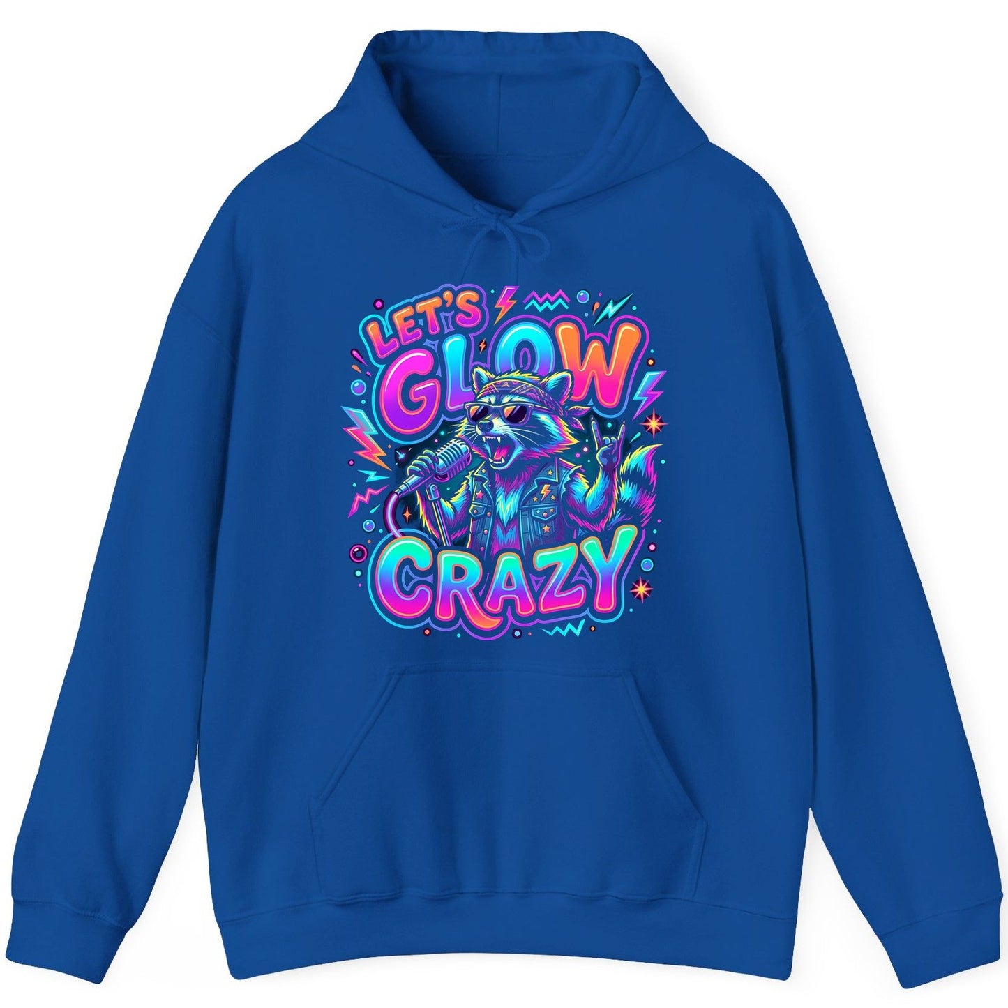 Let's Glow Crazy Funny Rockstar Raccoon Hoodie - product mockup - Royal