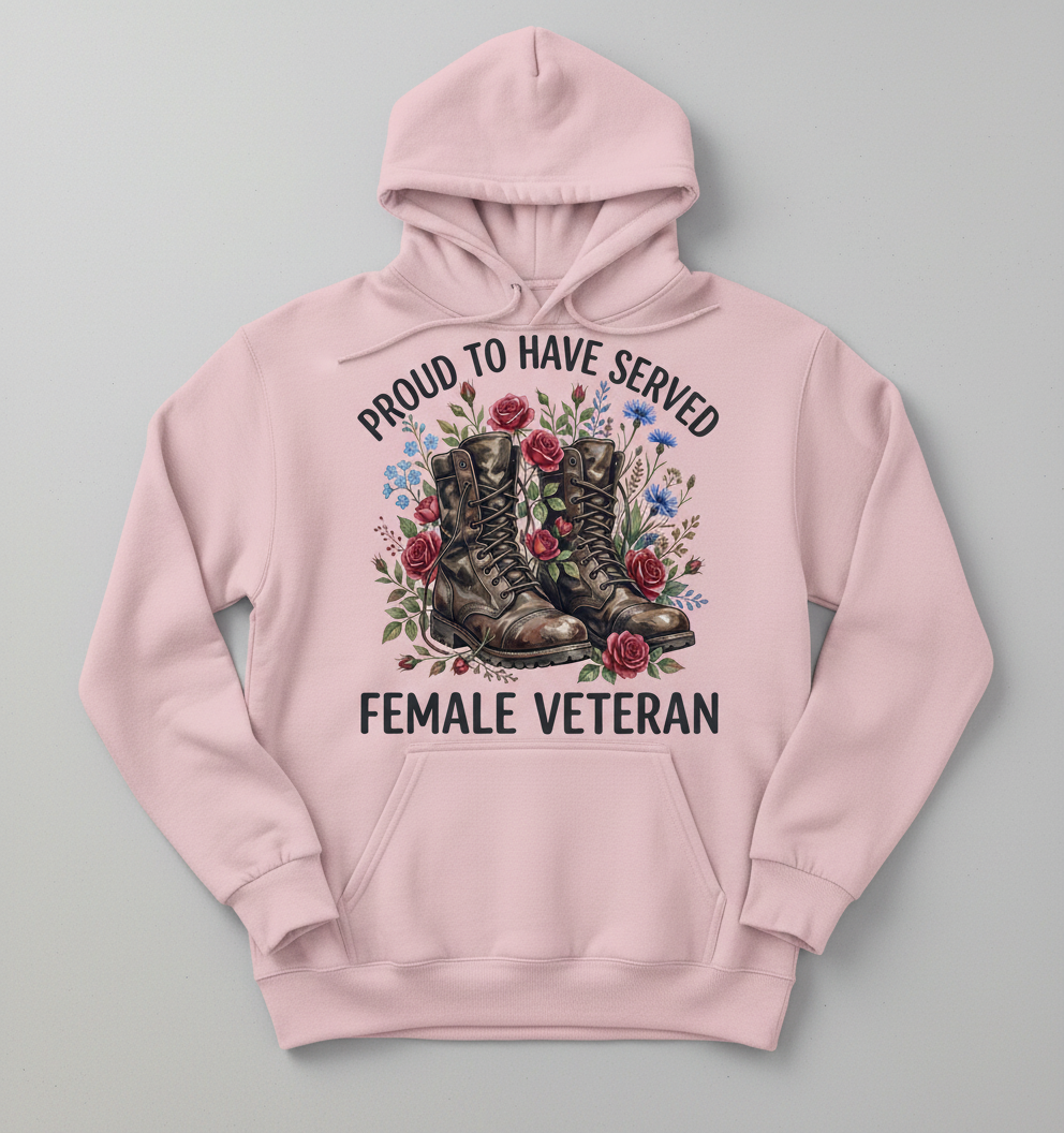 Proud To Have Served Female Veteran Combat Boots And Flowers Hoodie - Light Pink