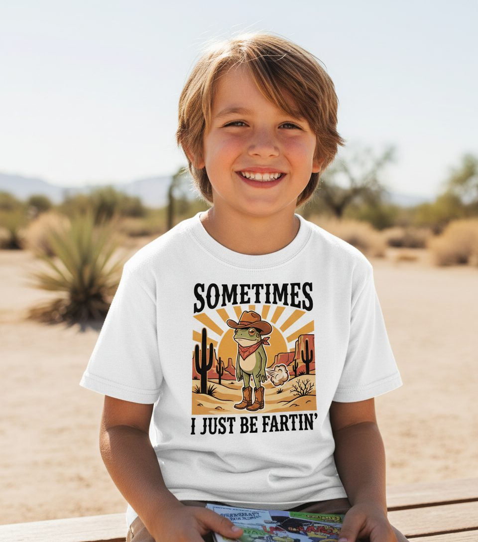 Sometimes It Just Be Fartin' cowboy frog Youth T-Shirt White lifestyle mockup