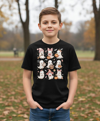 Cute Pink Halloween Ghosts cute Halloween ghosts Youth T-Shirt Black lifestyle mockup