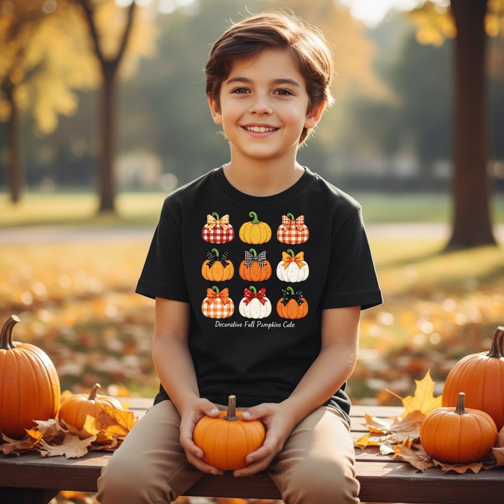 Decorative Fall Pumpkins fall pumpkins Youth T-Shirt Black lifestyle mockup