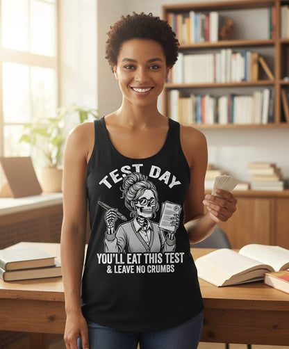 You'll Eat This Test & Leave No Crumbs Funny Day Tank Top - lifestyle model mockup - Black