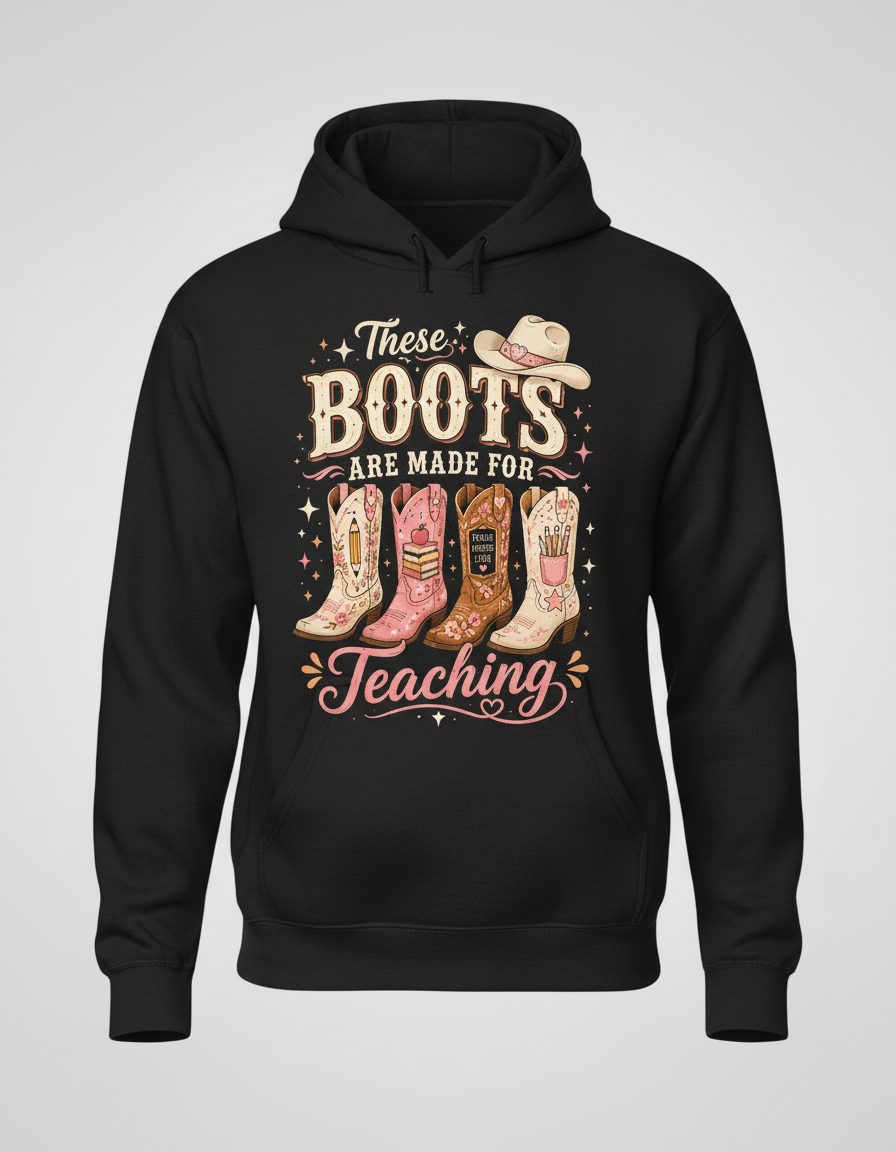 These Boots Are Made for Teaching Teacher Hoodie - product mockup - Black