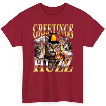 Greetings HUZZ Funny Cats T-Shirt - product mockup - Cardinal Red