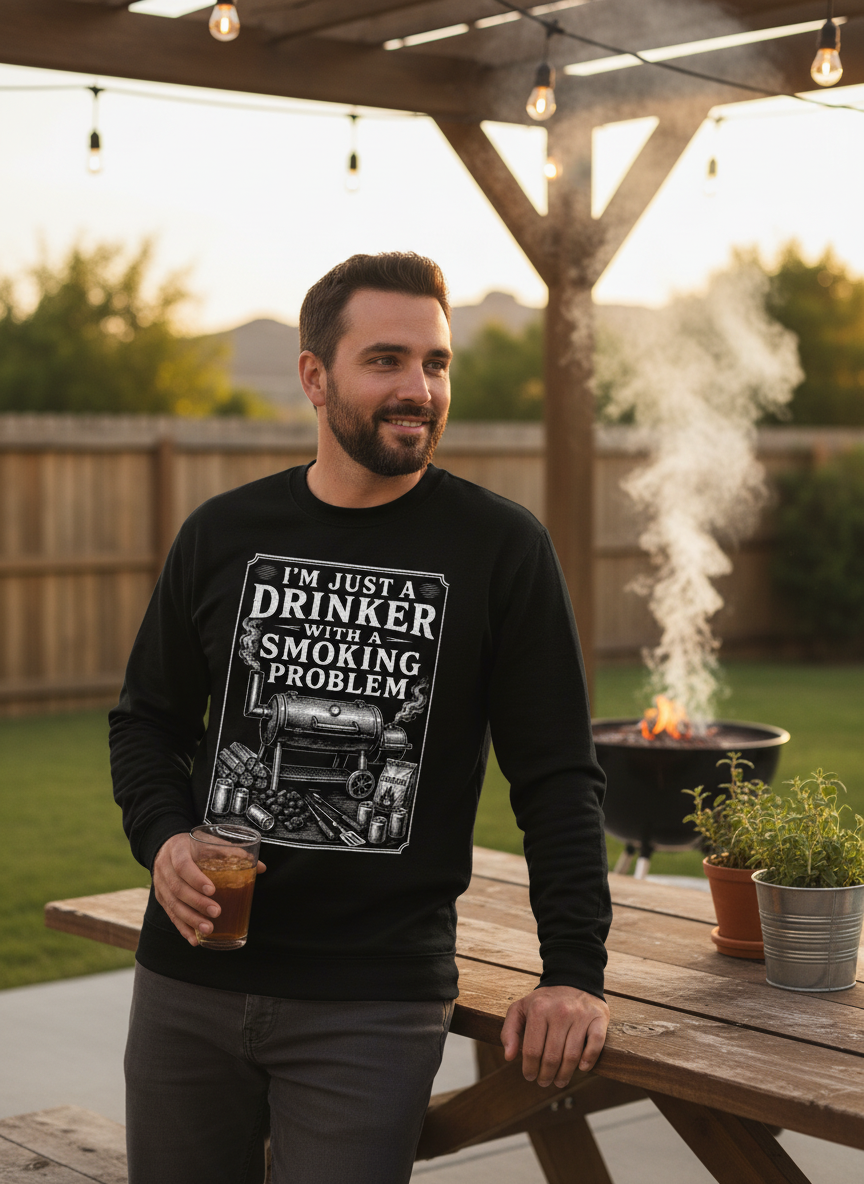 I'M JUST A DRINKER WITH A SMOKING PROBLEM Funny Drinker With A Smoking Problem BBQ Sweatshirt - lifestyle model mockup - Black