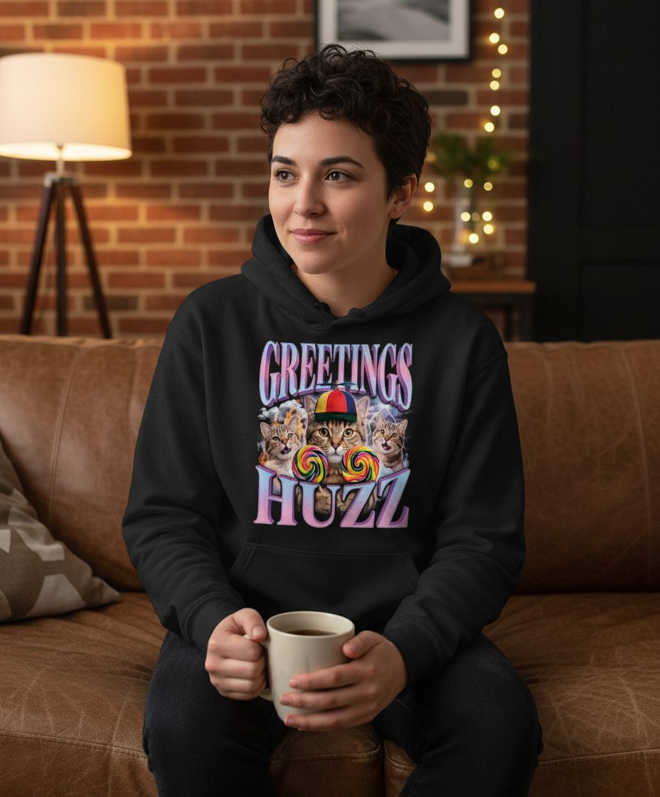 Greetings Huzz Funny Cats Hoodie - lifestyle model mockup - Black