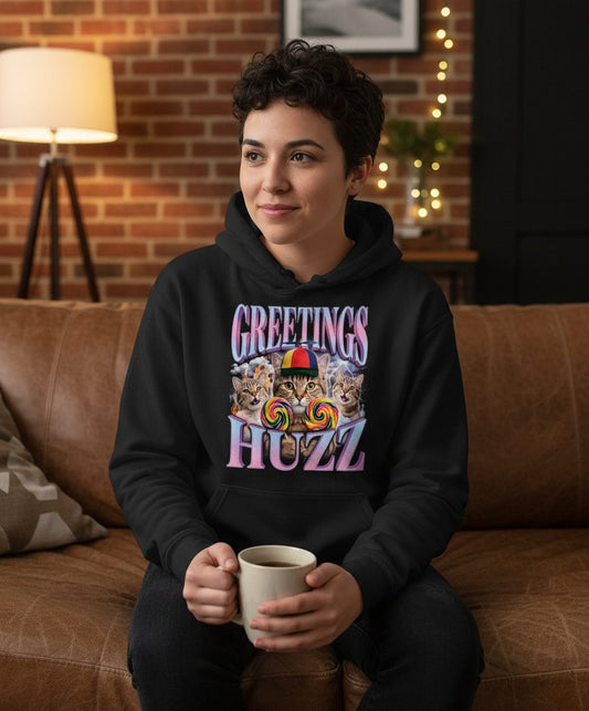 Greetings Huzz Funny Cats Hoodie - lifestyle model mockup - Black
