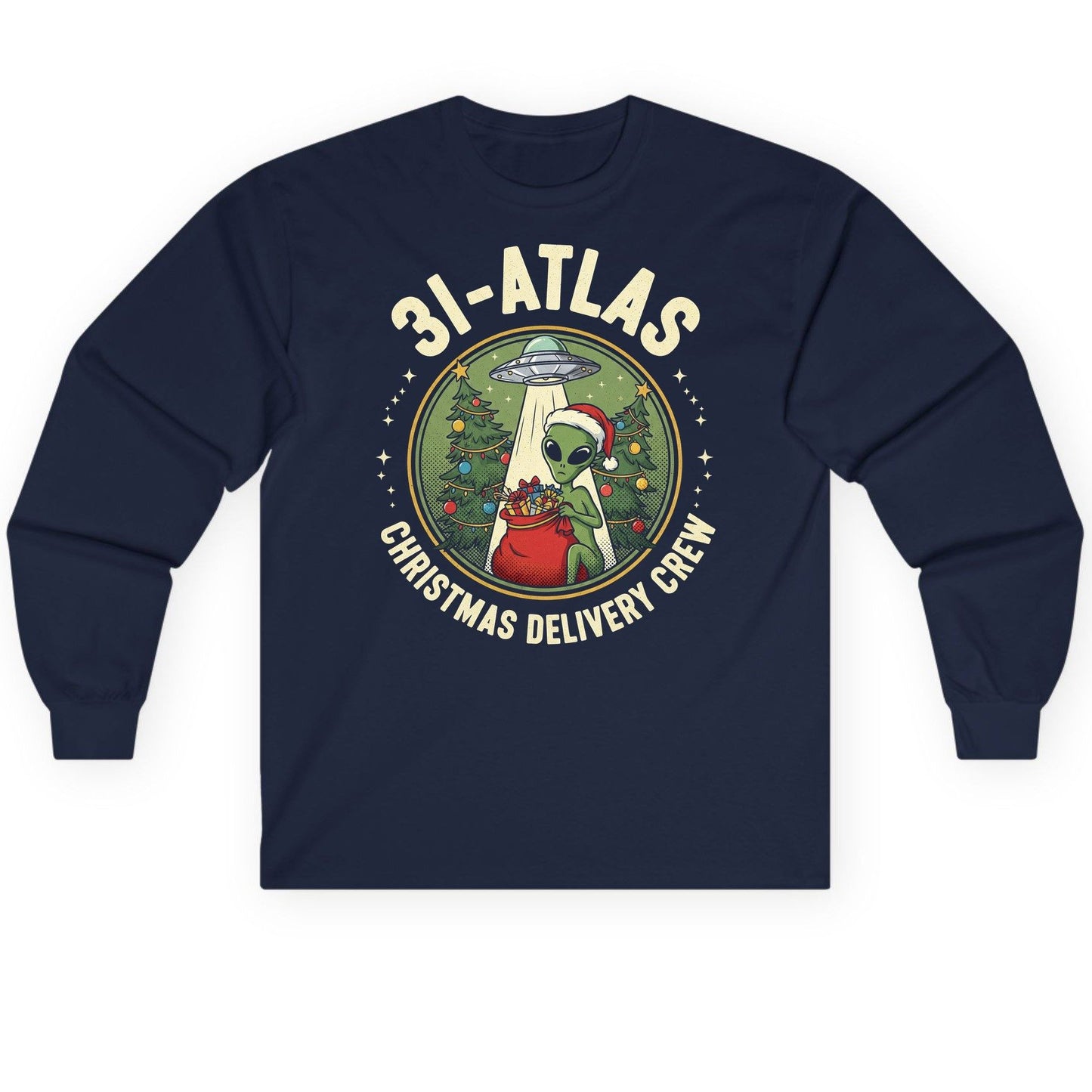 31-Atlas Christmas Delivery Crew alien Christmas Long Sleeve Tee Navy product mockup