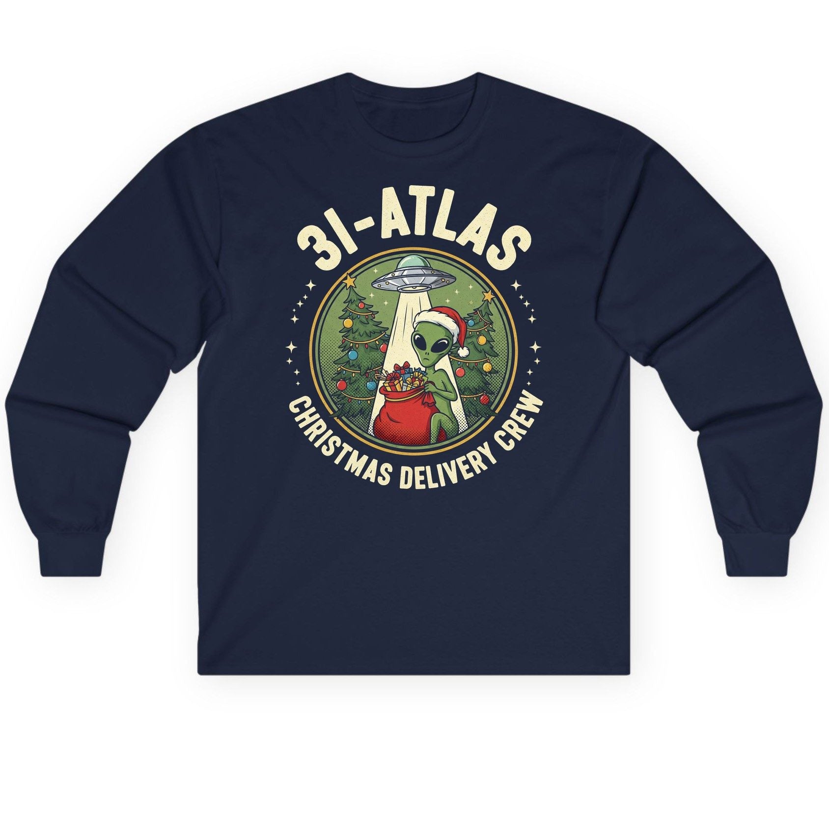 31-Atlas Christmas Delivery Crew alien Christmas Long Sleeve Tee Navy product mockup