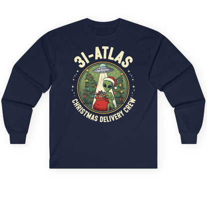 31-Atlas Christmas Delivery Crew alien Christmas Long Sleeve Tee Navy product mockup