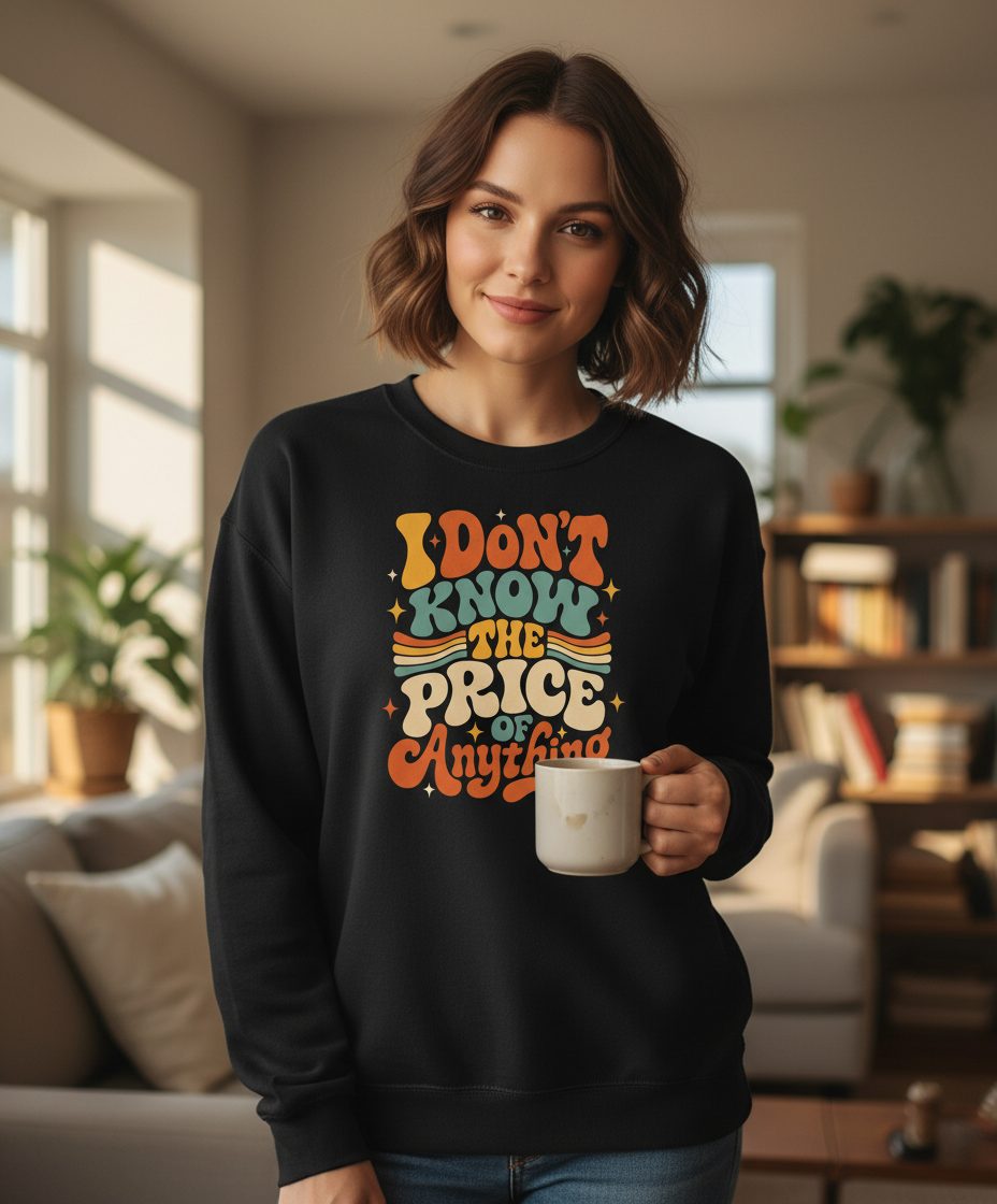 I DON'T KNOW THE PRICE OF Anything Sweatshirt - lifestyle model mockup - Black