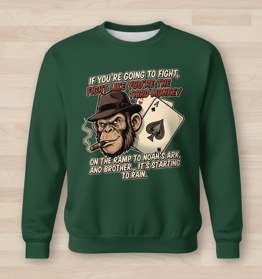 Third Monkey on Noah's Ark Fighting Quote Sweatshirt - Forest Green