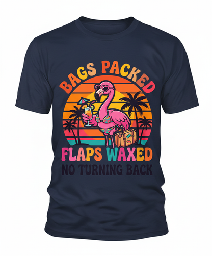 Bags Packed Flaps Waxed Funny Flamingo Vacation T-Shirt - Navy