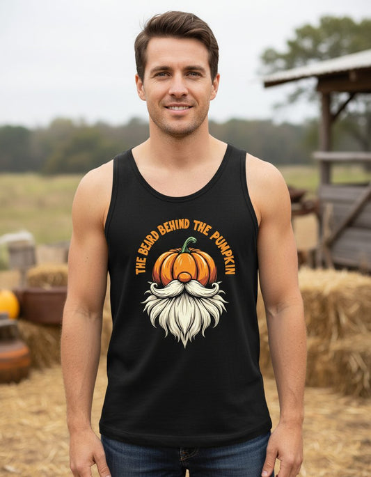 The Beard Behind the Pumpkin Halloween gnome Tank Top Black lifestyle mockup