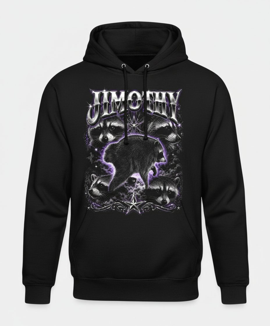 Jimothy Funny Raccoon Hoodie - product mockup - Black