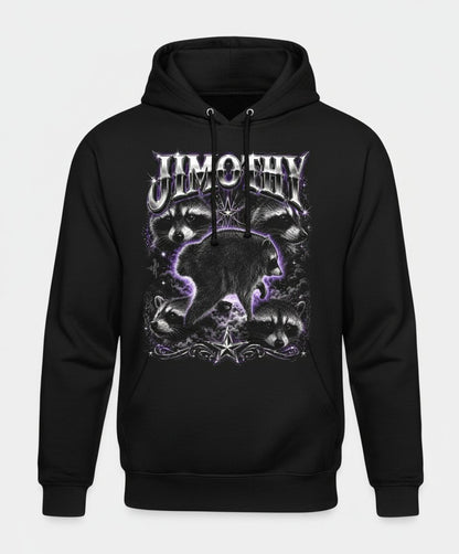 Jimothy Funny Raccoon Hoodie - product mockup - Black