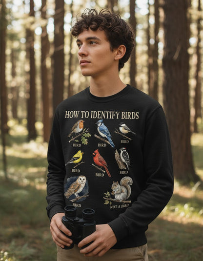 How to Identify Birds Funny Birdwatching Sweatshirt - lifestyle model mockup - Black