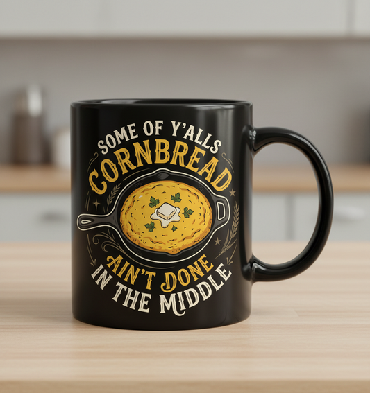 Funny Southern Saying Cornbread Ain't Done In The Middle Black Mug - Black