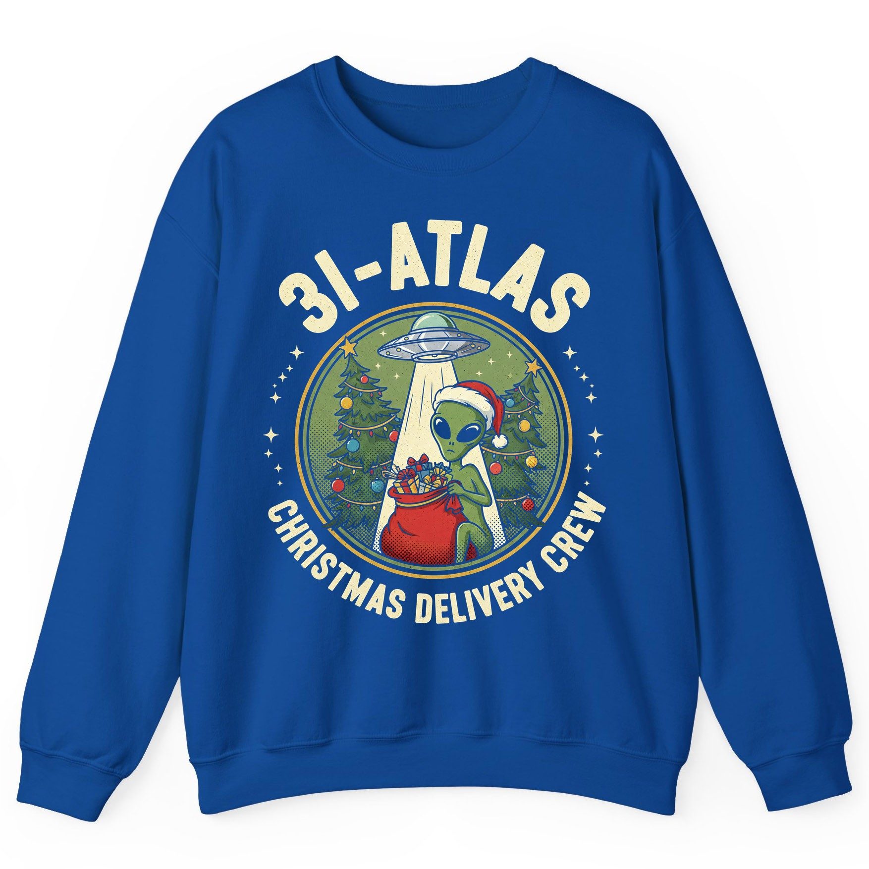 31-Atlas Christmas Delivery Crew alien Christmas Sweatshirt Royal product mockup