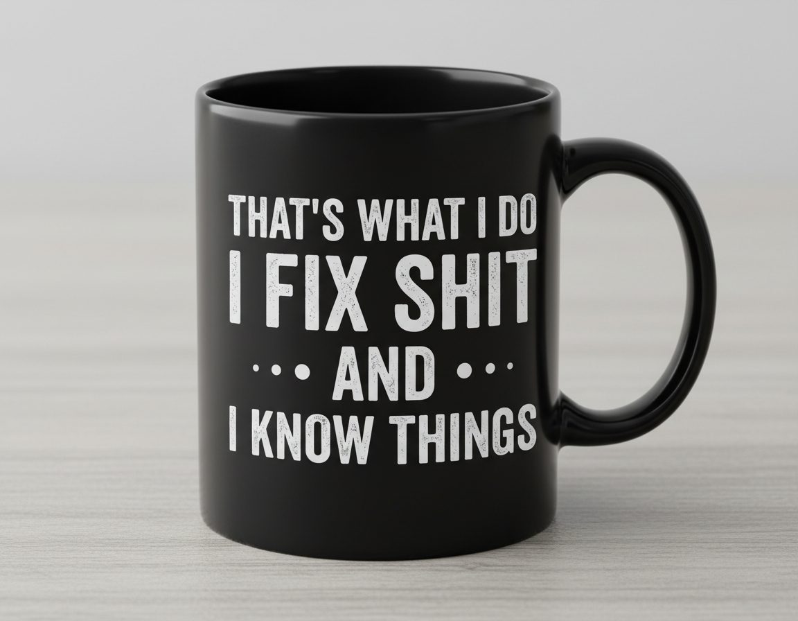 THAT'S WHAT I DO I FIX SHIT AND I KNOW THINGS Black Mug - product mockup - Black