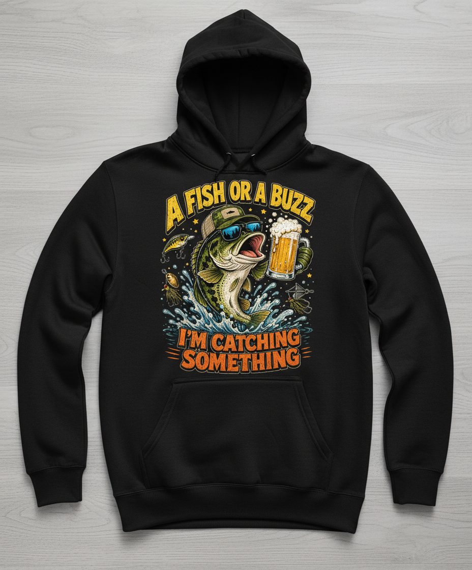 A Fish or a Buzz I'm Catching Something Funny Fishing Hoodie - product mockup - Black