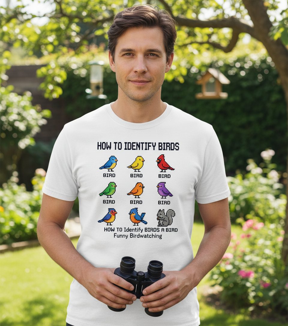 HOW TO Identify BIRDS Funny Birdwatching T-Shirt - lifestyle model mockup - White
