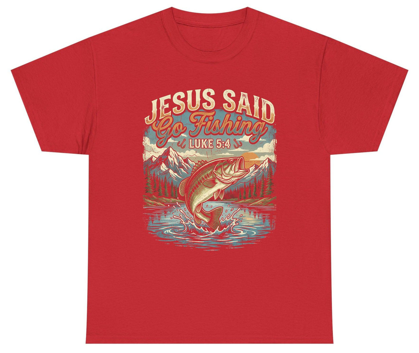 JESUS SAID Go Fishing LUKE 5 4 Retro Christian Youth T-Shirt - product mockup - Red
