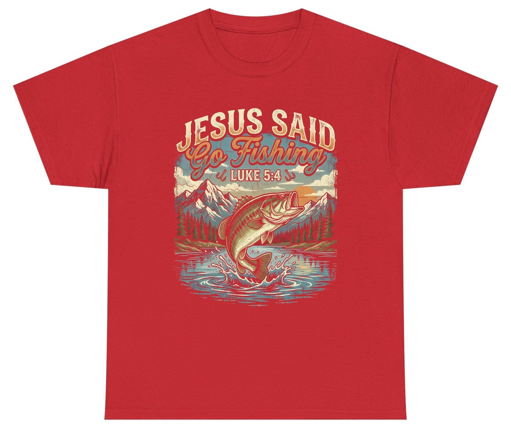JESUS SAID Go Fishing LUKE 5 4 Retro Christian Youth T-Shirt - product mockup - Red