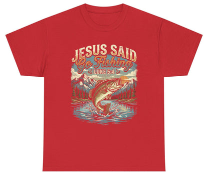 JESUS SAID Go Fishing LUKE 5 4 Retro Christian Youth T-Shirt - product mockup - Red