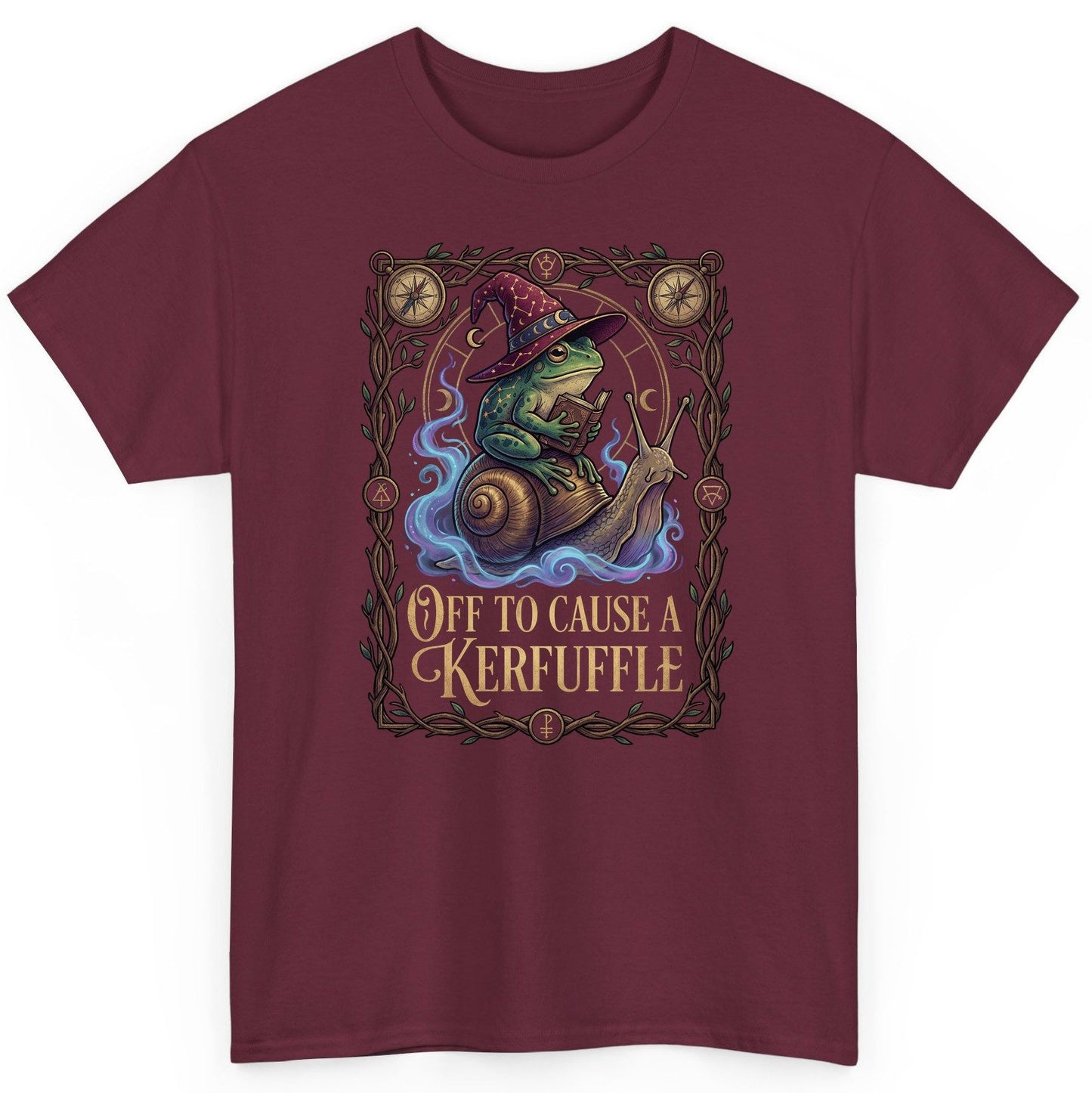 Off to Cause a Kerfuffle frog wizard T-Shirt Maroon product mockup