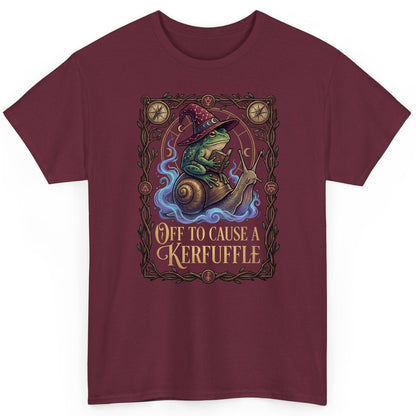 Off to Cause a Kerfuffle frog wizard T-Shirt Maroon product mockup